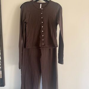 Rat Boi Pointelle Set - Cocoa Brown Cardigan & Wide Leg Pants - 100% Cotton